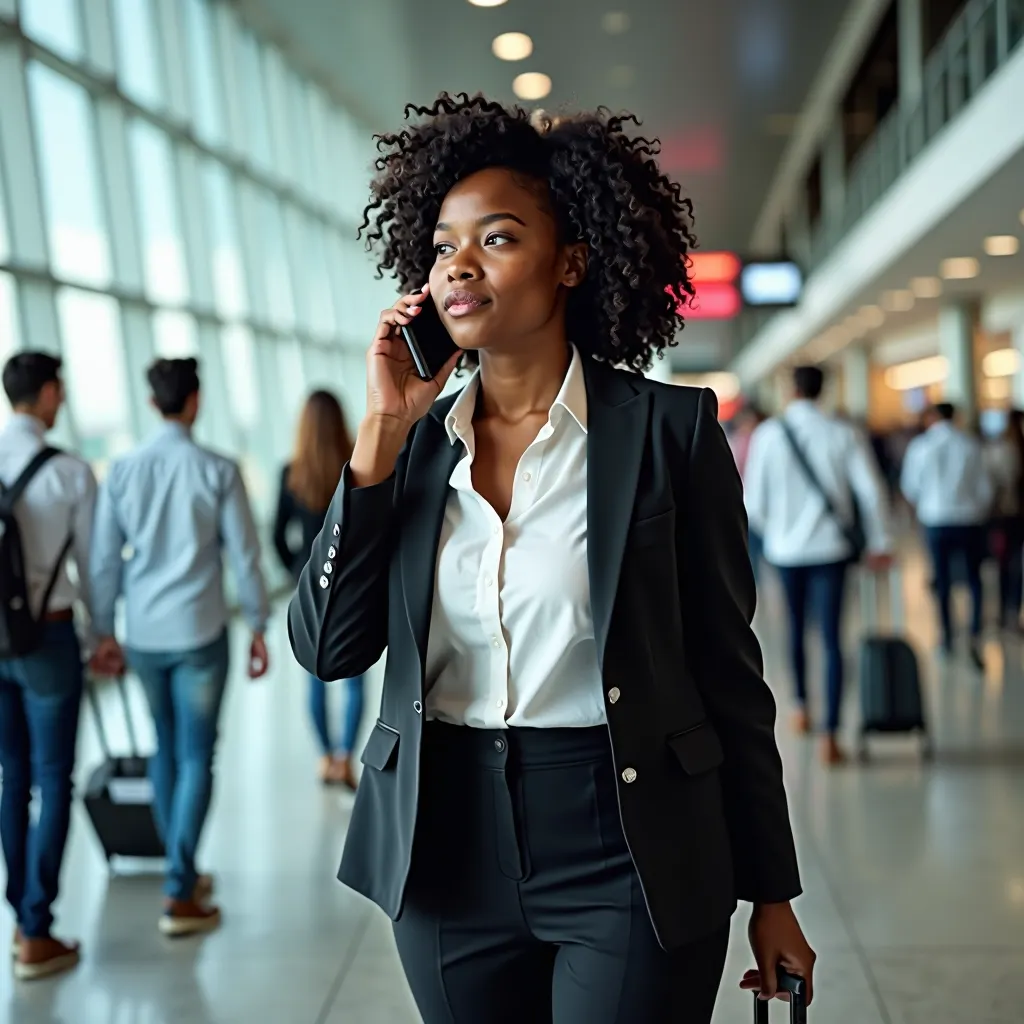 Black woman wearing a casual suit on the phone in a terminal