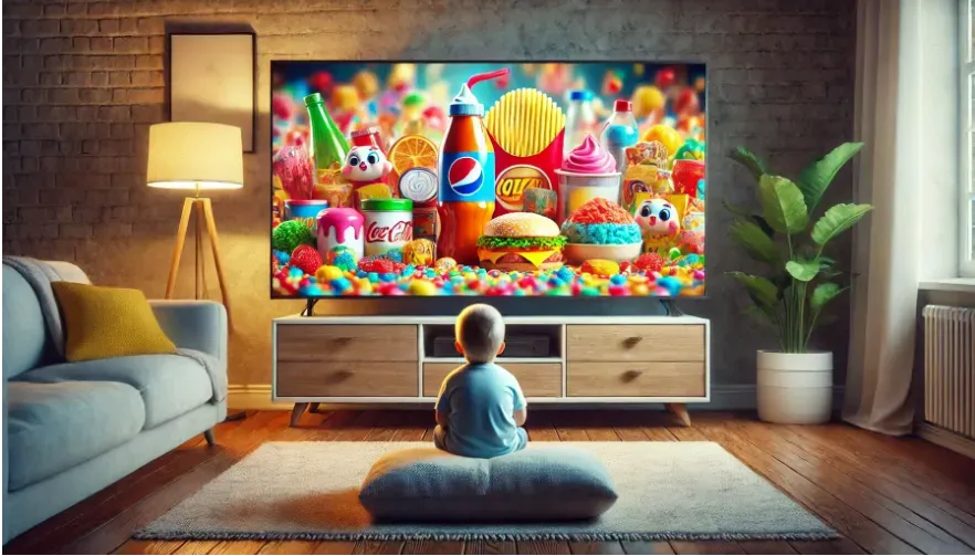 Child watching an engaging food advertisement on television.