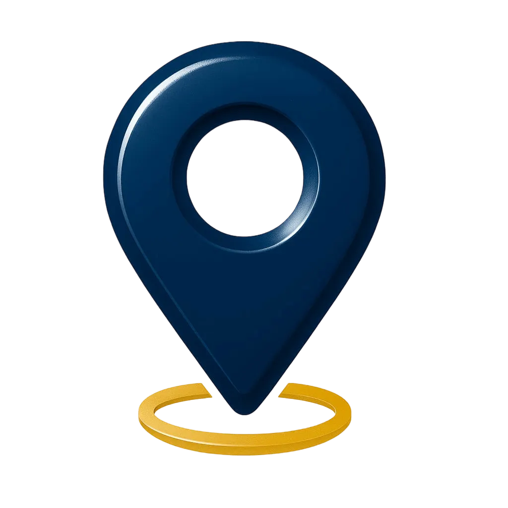 <alt=“Navy blue map pin icon with a golden ring beneath it, representing curated corporate housing locations near workplaces.”>