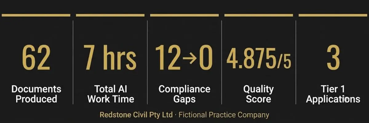 Redstone Civil case study results: 62 documents, 7 hours, 12 compliance gaps closed, 4.875 quality score, 3 applications