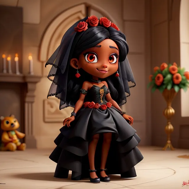 3D Pixar Bride wearing black and red roses