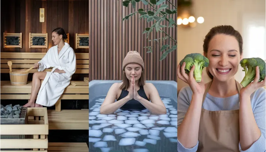 A woman in a sauna, another woman in a cold plunge, and a third one holding up broccoli.