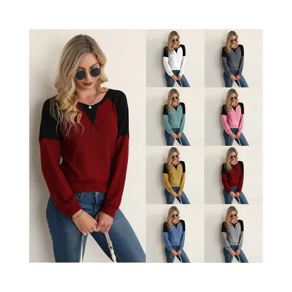 Ladies Crew Neck Panel Long Sleeve Knitted Sweater