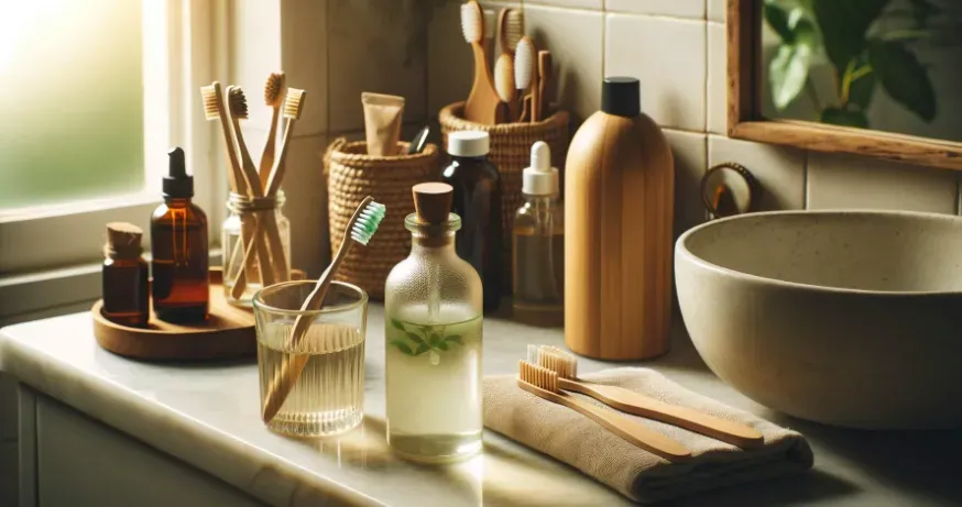  a serene bathroom setting with a glass of herbal mouthwash on the counter, alongside eco-friendly bamboo toothbrushes and natural toothpaste. 