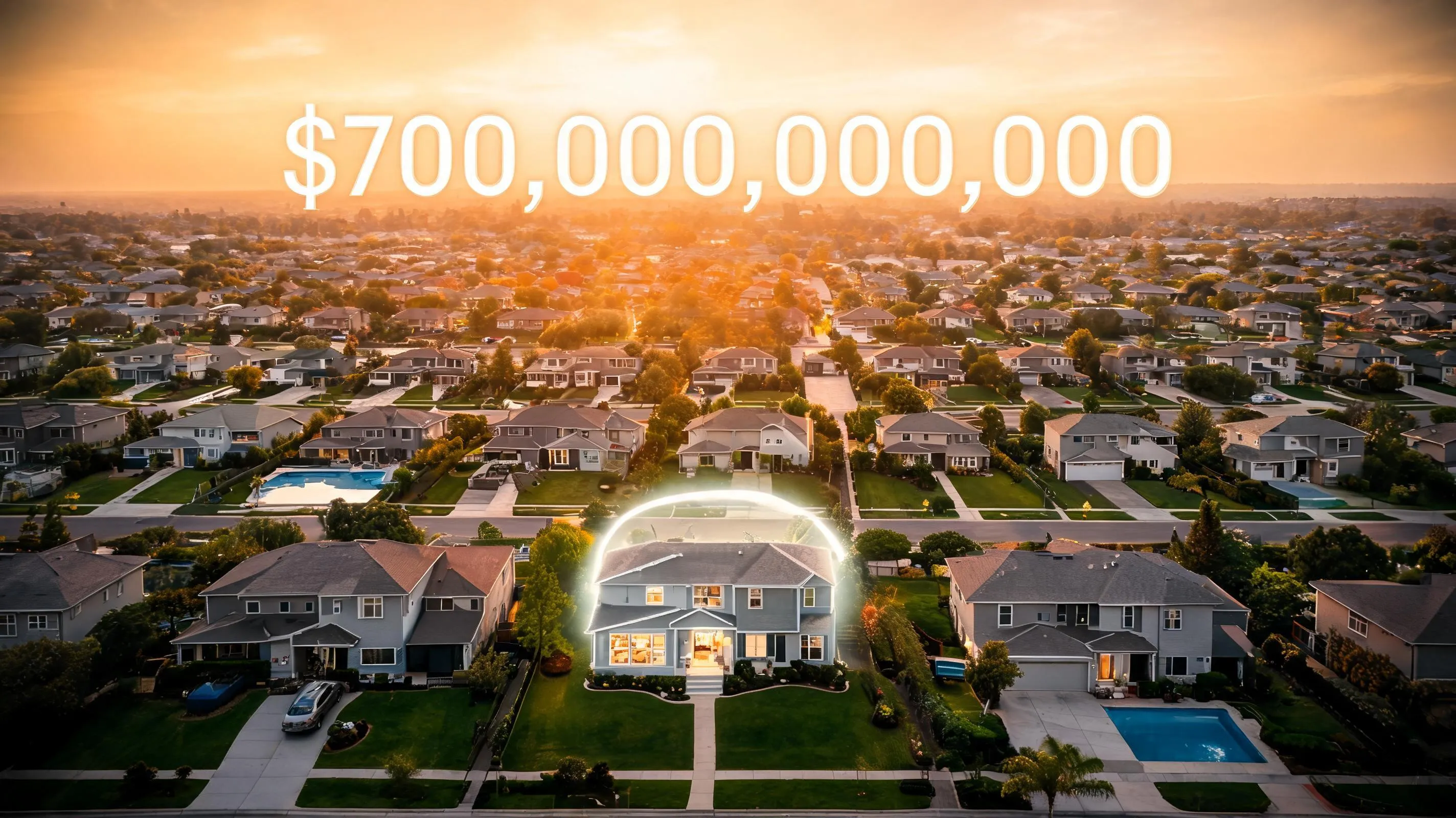 Aerial view of American suburban neighborhood representing the $700 billion home services industry opportunity for AI property preview business