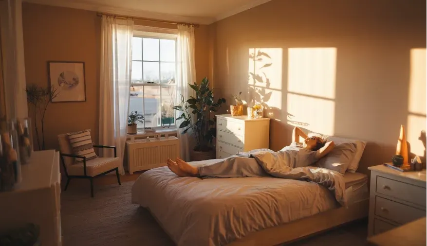 Morning sunlight filtering into a bedroom, symbolizing the start of the day and the importance of natural light for circadian rhythms.