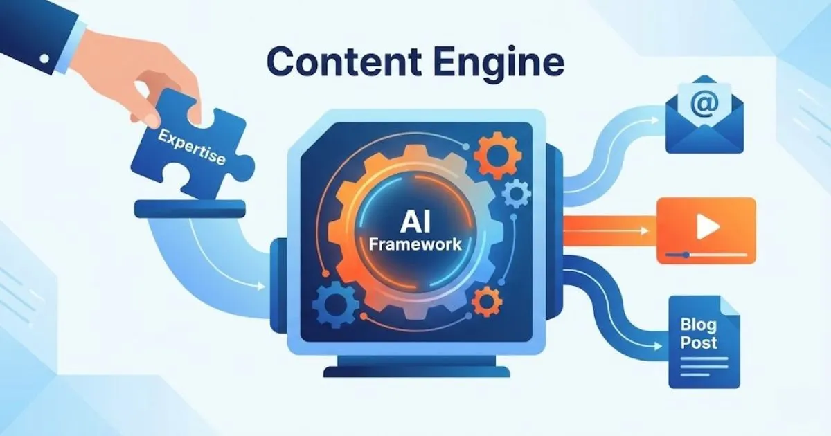 Illustration of an AI content engine turning expertise into multiple marketing assets.
