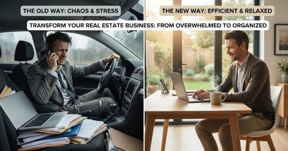Split screen showing stressed realtor in car versus calm realtor using AI for real estate marketing.