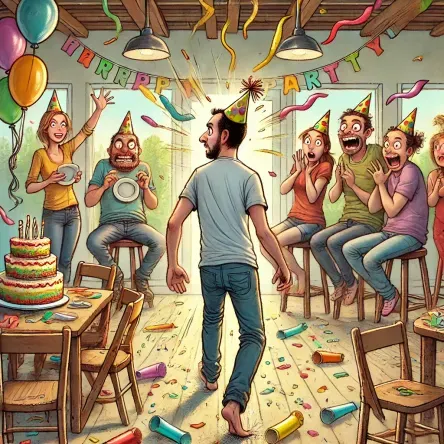 Funny digital art showing a confused man opening a surprise party door and immediately walking away, symbolizing poor engagement with a Manifestor’s aura.