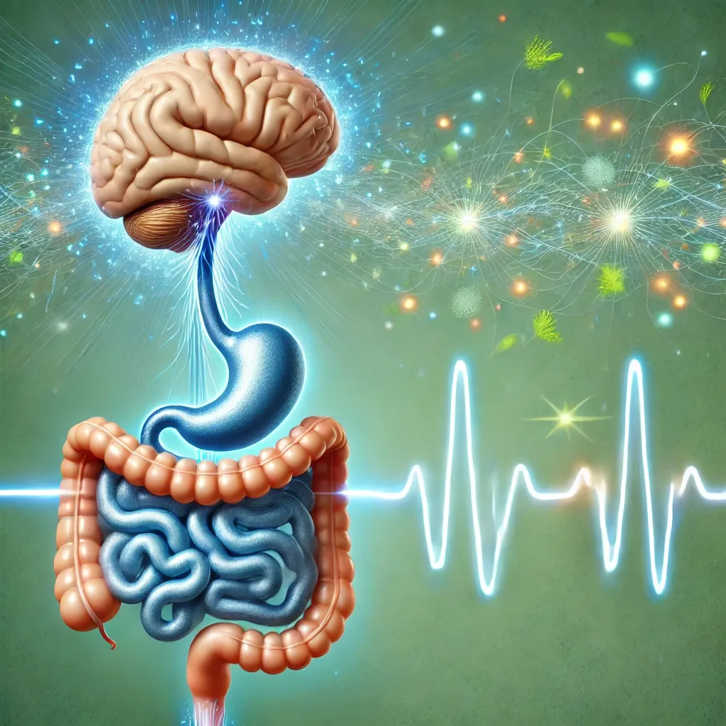 Illustration of the gut-brain axis showing the connection between the brain, stomach, and intestines, with neural pathways and heartbeat, symbolizing the relationship between digestive health and mental well-being.