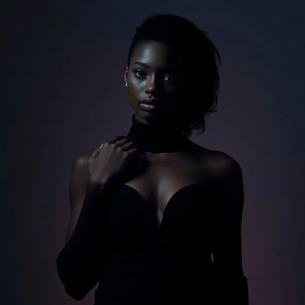 Black female model wearing a black dress
