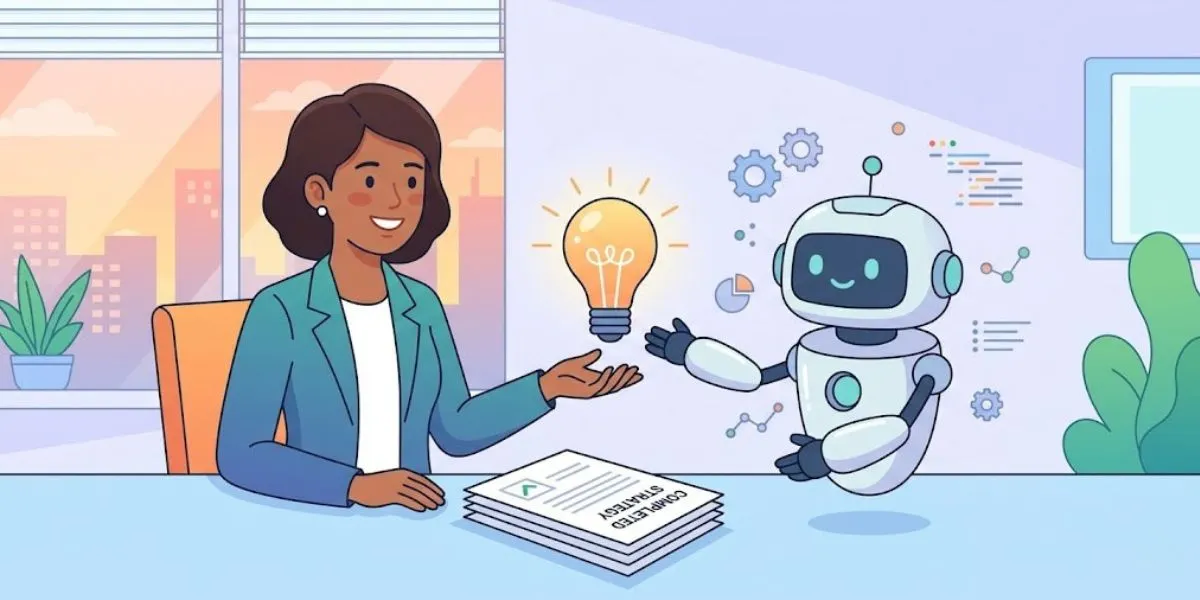 A simple illustration explaining artificial intelligence: a friendly robot assistant helping a business owner with their work.