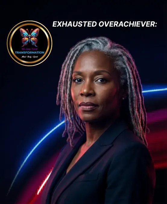 Professional wellness branding graphic featuring a confident middle-aged woman with silver-gray locs wearing a dark blazer against a dark neon-lit background with glowing blue and pink light trails. White text at the top reads “Exhausted Overachiever:” alongside a circular “90-Day Total Transformation” butterfly logo symbolizing mind, body, and spirit renewal. The image conveys strength, resilience, leadership, and holistic wellness support for high-achieving women experiencing burnout and low energy.