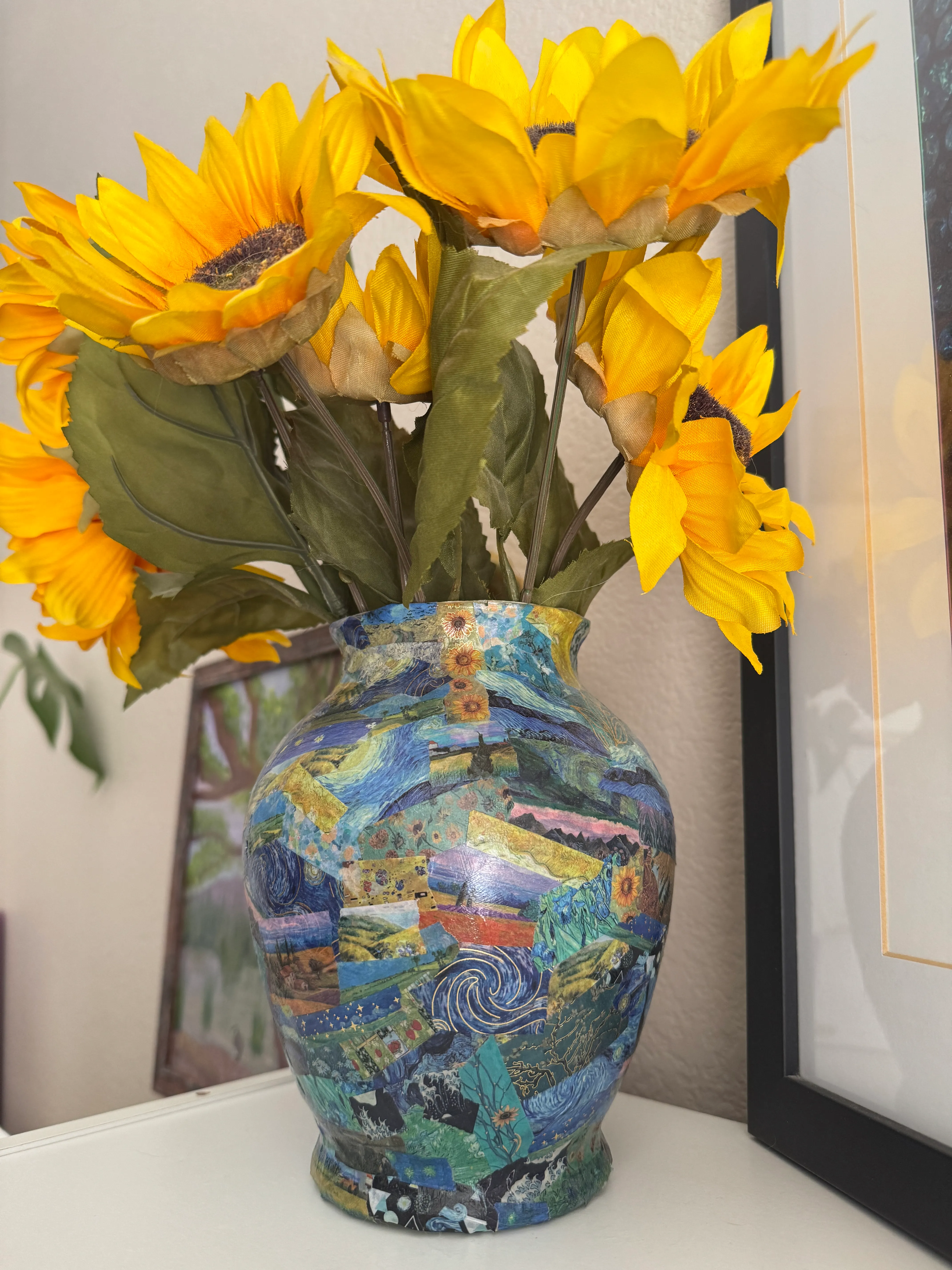 Donna Fox's decoupaged Van Gogh vase with silk sunflowers