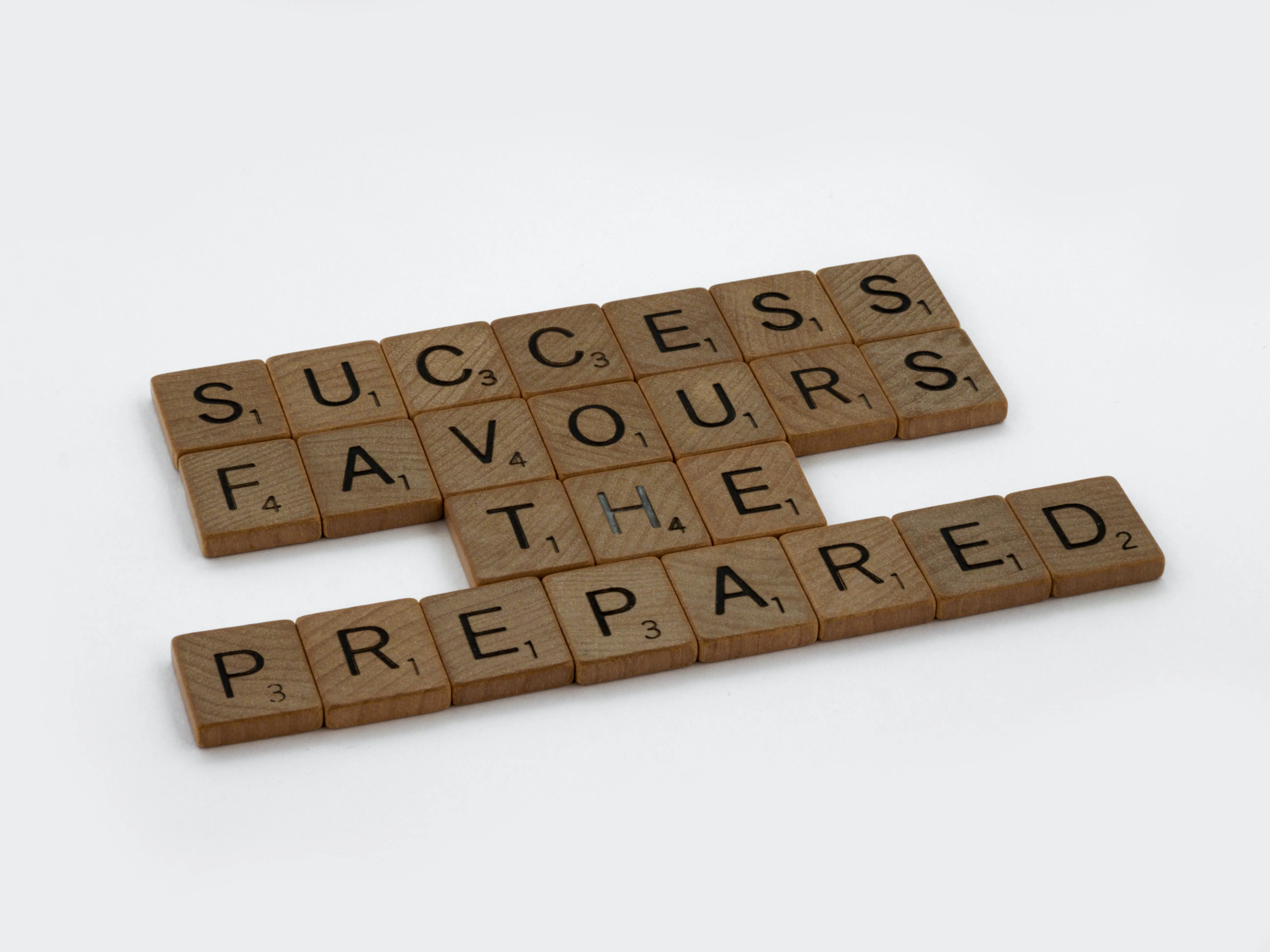 sign made up of scrabble tiles, saying, success favors the prepred