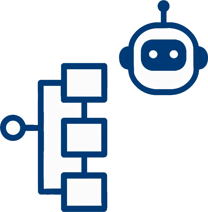 Dark blue icon of an AI call flow diagram featuring a flowchart connected to a robot face, symbolizing automated call handling.