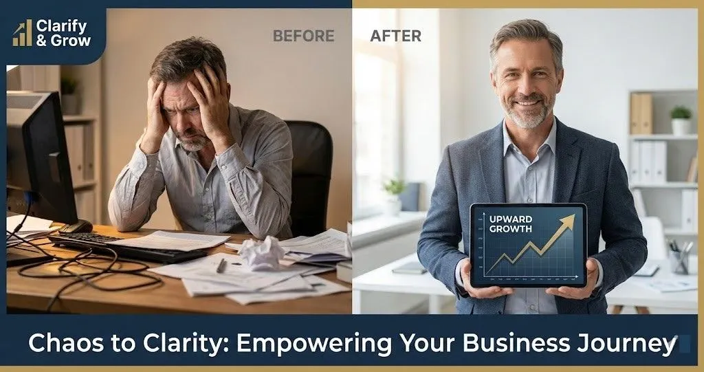 A small business owner transitioning from an overworked operator to a confident strategist using Expert AI Prompts.