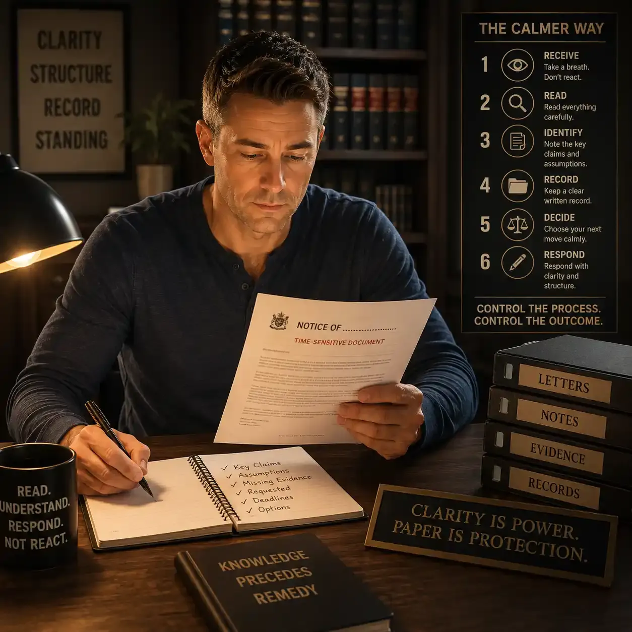 A calm man studies an official-looking letter and takes structured notes at a desk, showing the Notice Club method of reading, understanding, recording, and responding with clarity.