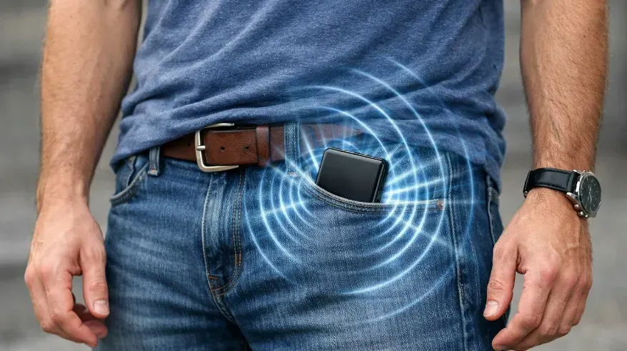 A man shown from his knees to his chest. There is a bulge in his right front pocket (a rectangular cell phone) and there is an hint of electromagnetic waves coming from the cell phone area going in all directions