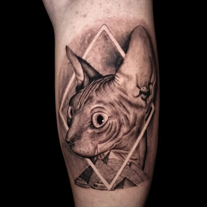 Imagen pequeña redonda como reseña que muestra un tatuaje de un bujo en un brazo