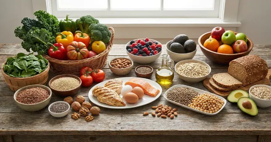 A table displaying vegetables, fruits, whole grains, lean protein, nuts, and healthy fats.