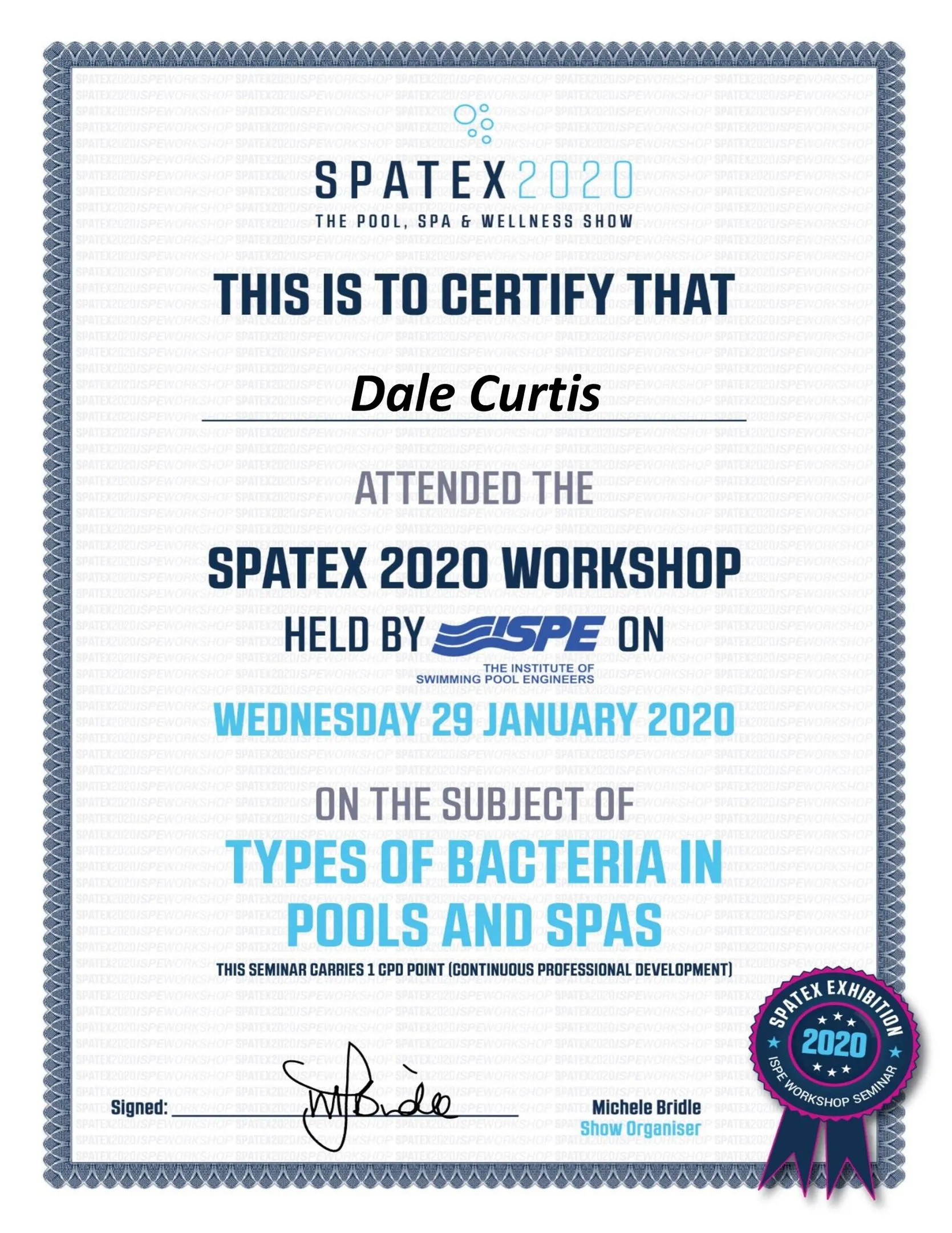 Pool & Spa Bacteria Certificate