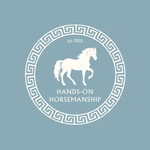 Hands-On Horsemanship Logo, with a Greek-style border, the company name, centered around the silhouette of a horse. 