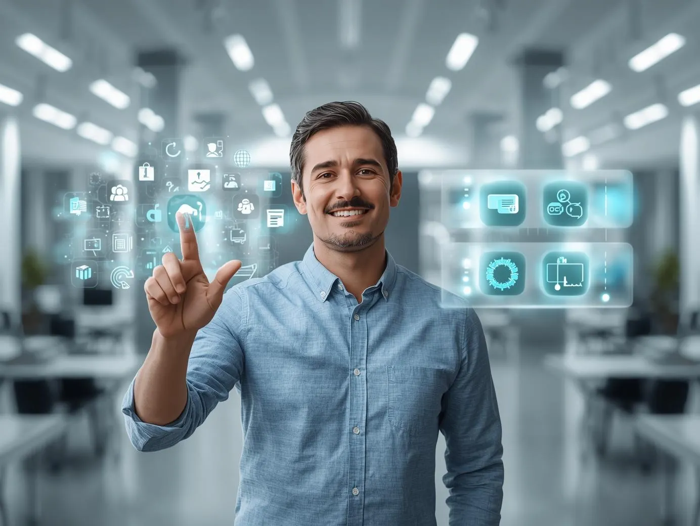 An entrepreneur in a modern office curates their ultimate AI toolkit on a holographic screen, transforming a chaotic jumble of generic app icons into a streamlined set of powerful business tools for growth and efficiency.