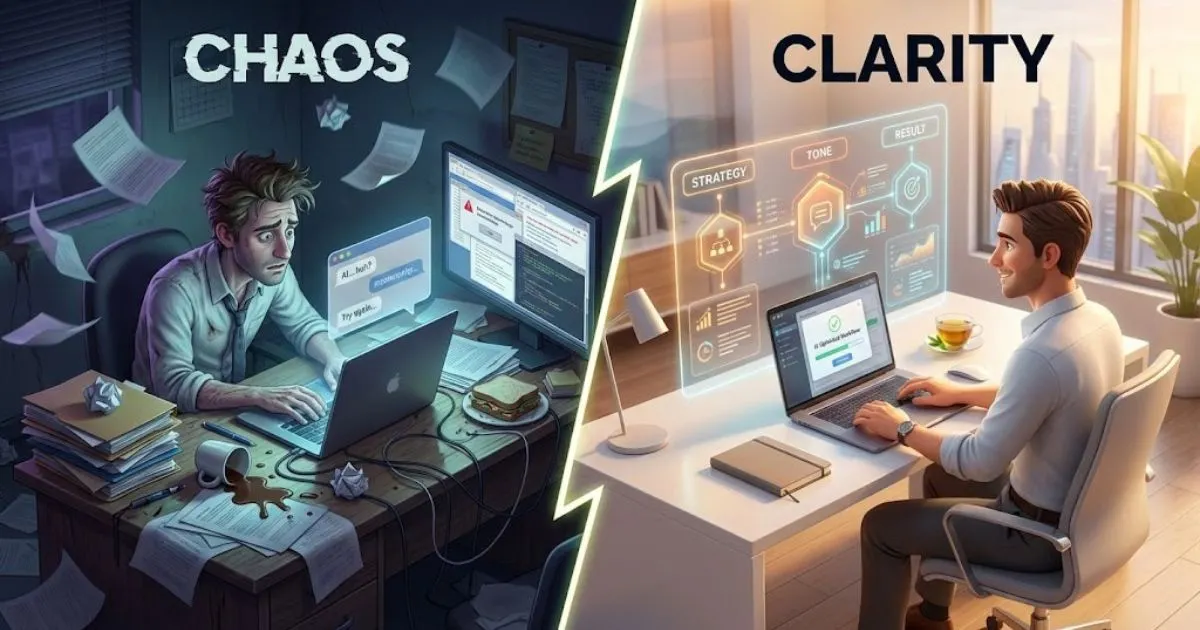 Split screen showing a stressed marketer using generic AI versus a confident business owner using specialized prompts.