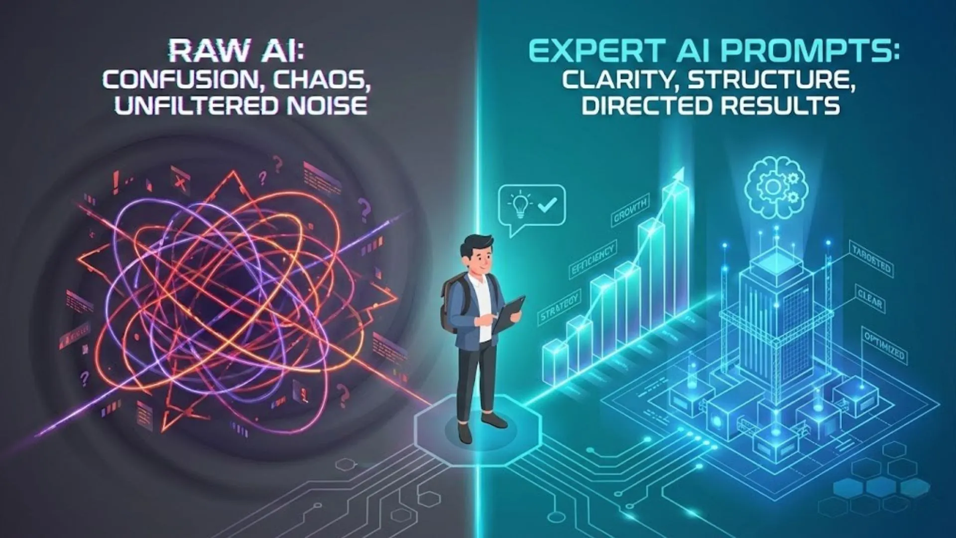 A comparison graphic showing chaotic lines representing generic AI versus structured blueprints representing the expert ai prompts features list.