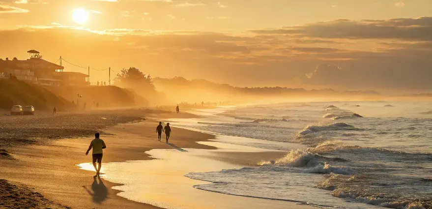 Beach sunrise promoting natural vitamin D synthesis through sunlight exposure.