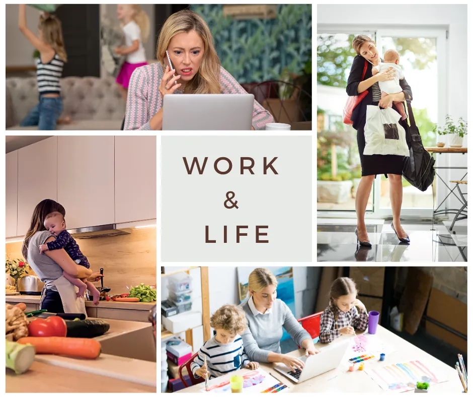 work life coaching; it's hard being a working mom; shot of a busy businesswoman carrying a shopping bag and her baby while talking on her phone; working; child; people; care; Caucasian ethnicity; young mom cooking in the kitchen with her little baby; stay at home mom with two kids; stressed mother working from home with kids