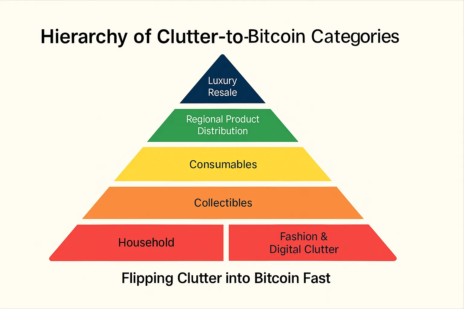 Pyramid diagram showing hierarchy of clutter-to-Bitcoin categories: luxury resale at the top, followed by regional product distribution, consumables, collectibles, household surplus, fashion, and digital clutter.