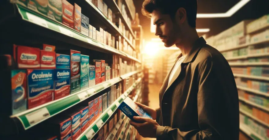 a person standing in a pharmacy aisle, examining toothpaste boxes with a thoughtful expression.