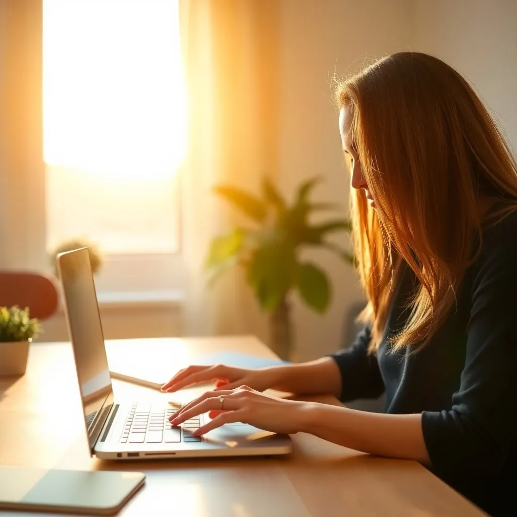 Woman working on a laptop with the sun going down