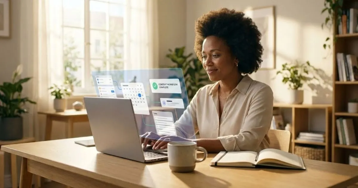 Relaxed entrepreneur using AI on laptop to solve marketing overwhelm in a home office.