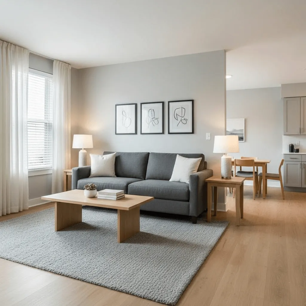 <alt=“Professionally furnished corporate housing interior used for employee relocations and temporary work assignments.”>