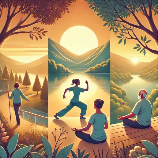 A serene scene of three people engaging in longevity-boosting activities: one practicing Tai Chi near a peaceful lake, another walking through lush greenery, and a third meditating on a scenic overlook. The image evokes balance, wellness, and a deep connection to nature.