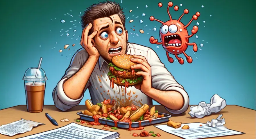 cartoon-style image of a stressed man eating unhealthy food, complete with cartoon bacteria jumping around the food.