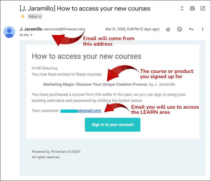 Example of email with course access