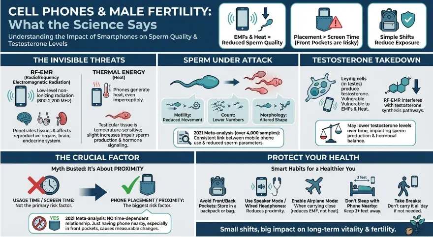 This is an infographic titled “Cell Phones & Male Fertility: What the Science Says,” explaining how smartphone use can negatively affect sperm quality and testosterone levels. It highlights two primary invisible threats: RF-EMR (radiofrequency electromagnetic radiation) and thermal energy (heat). These affect the reproductive organs, especially testicular tissue, which is sensitive to temperature and EMFs. The infographic outlines the impact on sperm, showing reduced motility, lower count, and altered morphology, supported by a 2021 meta-analysis of over 4,000 samples. It also illustrates how Leydig cells, which produce testosterone, are vulnerable to EMFs and heat, potentially leading to hormonal imbalance. The central message emphasizes that proximity, not usage time, is the critical factor — carrying phones in front pockets increases risk. Actionable tips include storing phones in a backpack, using speaker mode or wired headphones, enabling airplane mode, keeping phones 3+ feet away during sleep, and taking breaks from carrying the phone. The bottom line: small behavioral changes can support long-term fertility and hormonal health.