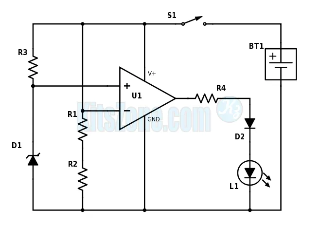 Low Battery Level Monitor Using Op-Amp 741