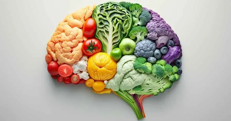 Healthy fruits and vegetables in the shape of a brain and brain stem.