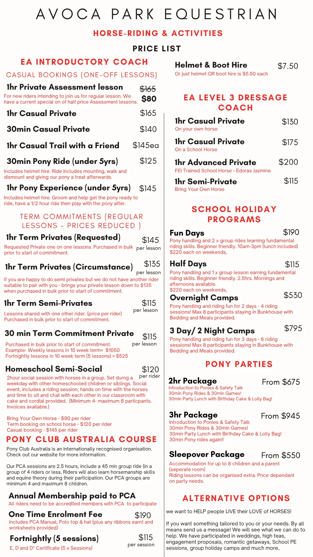 HORSE RIDING PRICE LIST