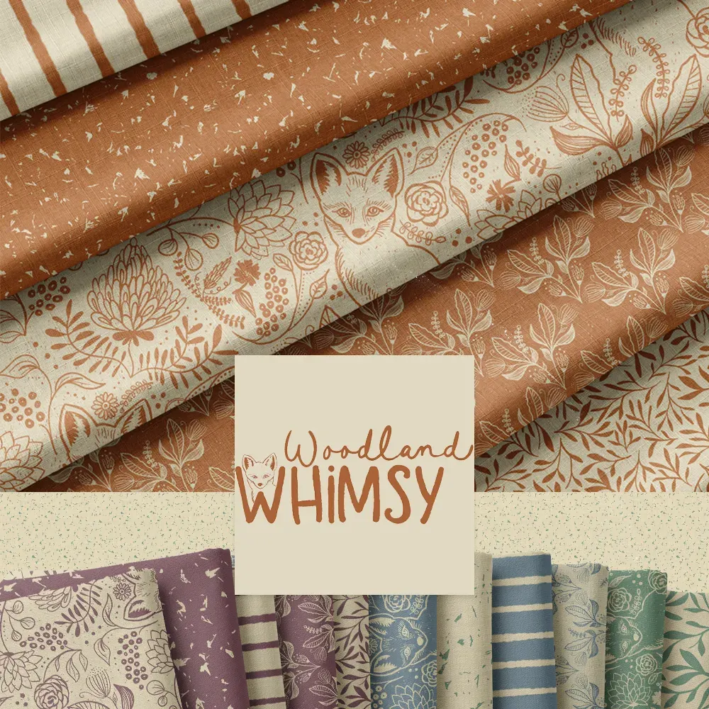 Woodland Whimsy surface pattern collection featuring whimsical foxes, woodland florals, leafy botanicals, and coordinating prints in warm earthy tones by Brayberry Design.