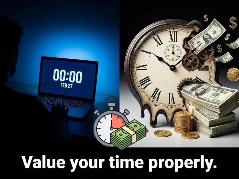 Split screen comparing late-night struggling with the value of time saved.