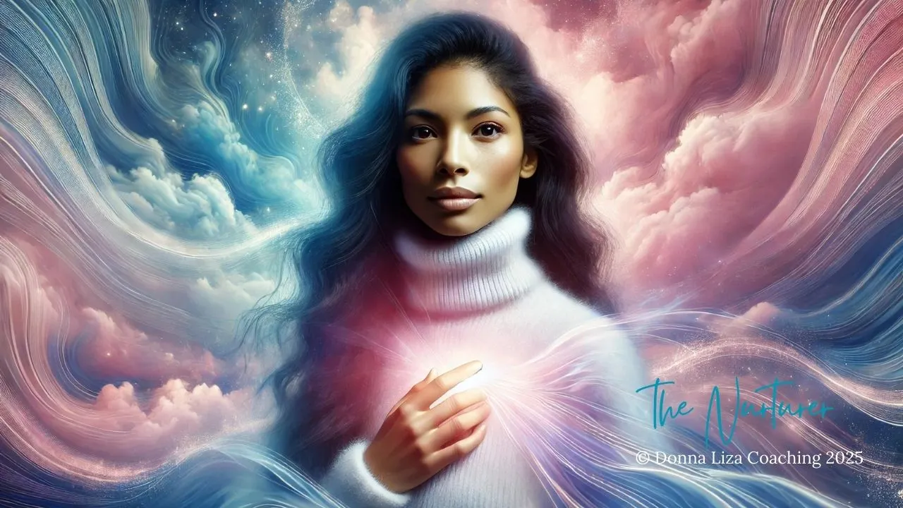 A gentle woman with soft features surrounded by pastel pink, calming blue, and white clouds, symbolizing compassion, care, and support. DonnaLizaCoaching.com