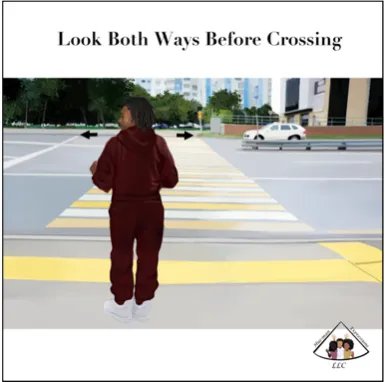 Black young adult looking both ways before crossing the street