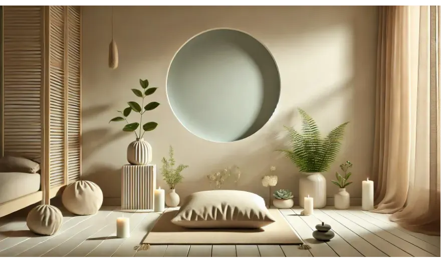 a serene meditation space with a cushion, plants, and candles in soft lighting.