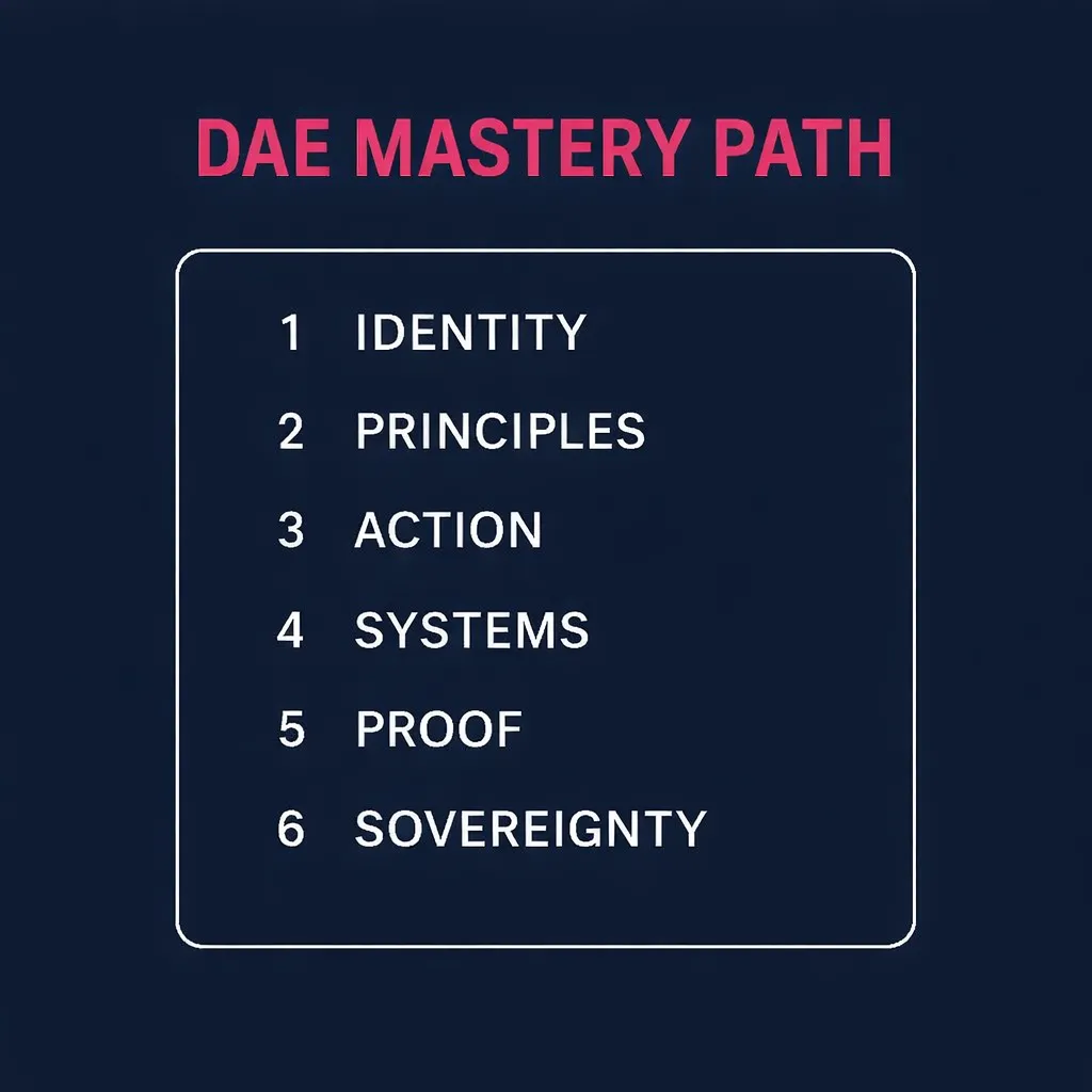 Diagram titled “DAE MASTERY PATH” in bold magenta text on a dark navy background. A white-bordered box lists six layers in white text: 1. Identity Layer, 2. EOS Layer, 3. Audit Layer, 4. Asset Layer, 5. Automation Layer, 6. Sovereignty Layer. Each layer represents a step in the Digital Asset Entrepreneur framework, progressing from personal clarity to operational sovereignty.